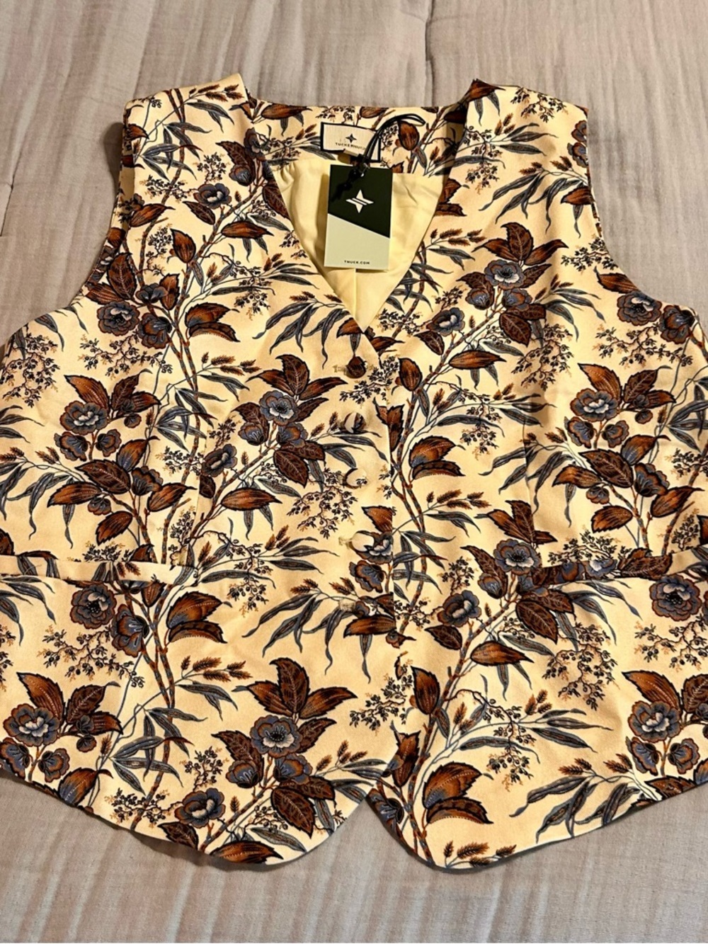 Tuckernuck Women’s Brown Chintz w/ Butter Yellow Floral V-Neck Tailored Vest
